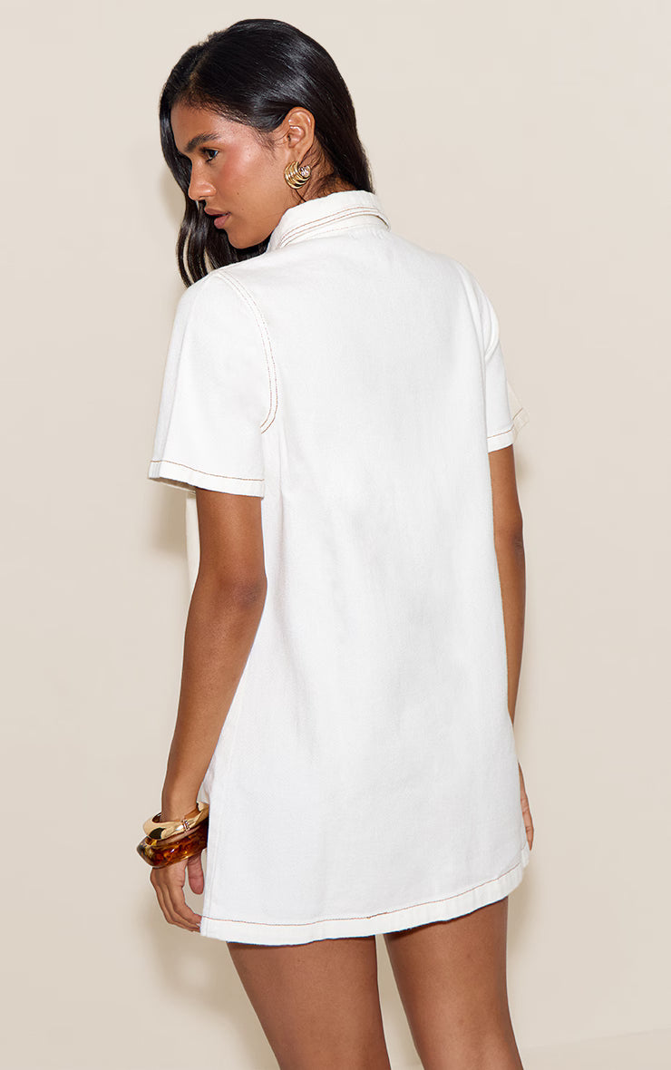 White Contrast Stitch Denim Shirt Dress