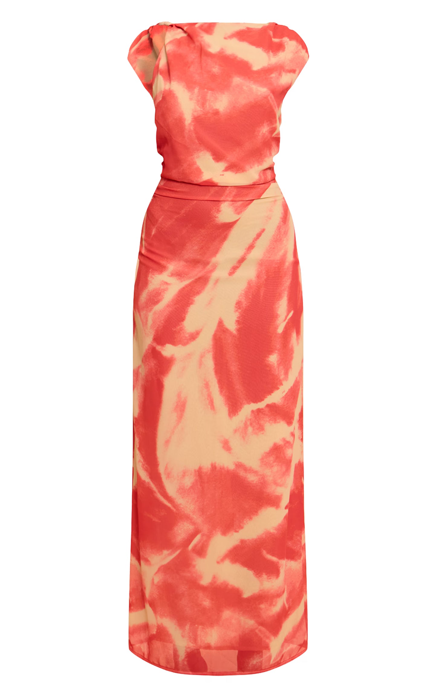 Pink Abstract Printed Chiffon Ruched Maxi Dress