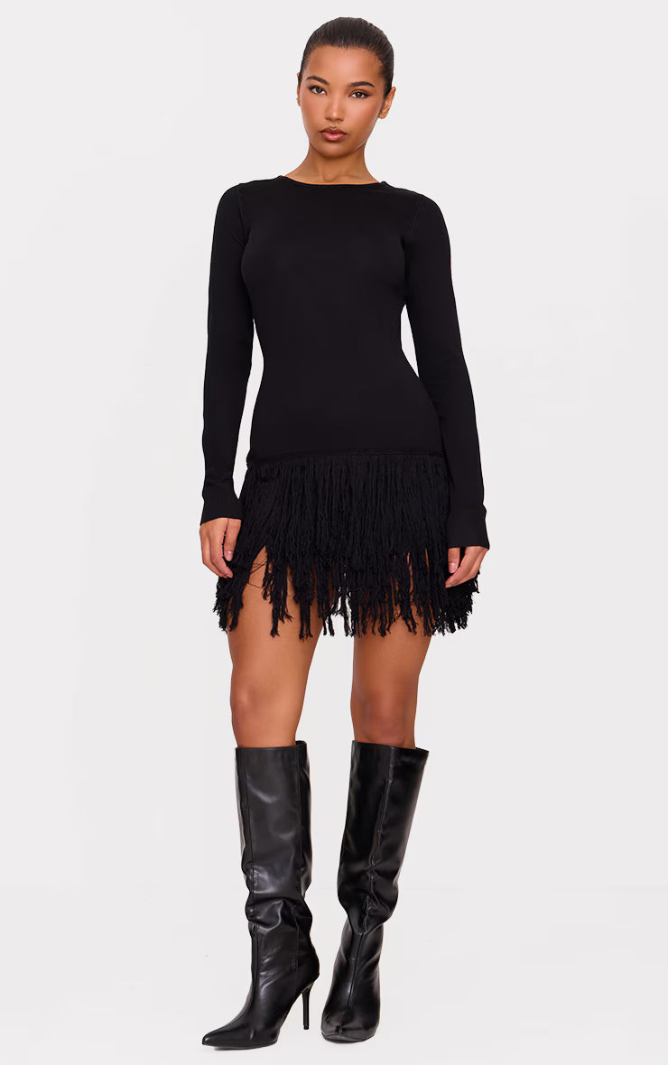 Black Fine Knit Fringe Hem Long Sleeve Micro Mini Dress