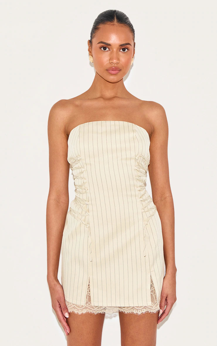 Cream Pinstripe Bandeau Lace Trim Shift Dress