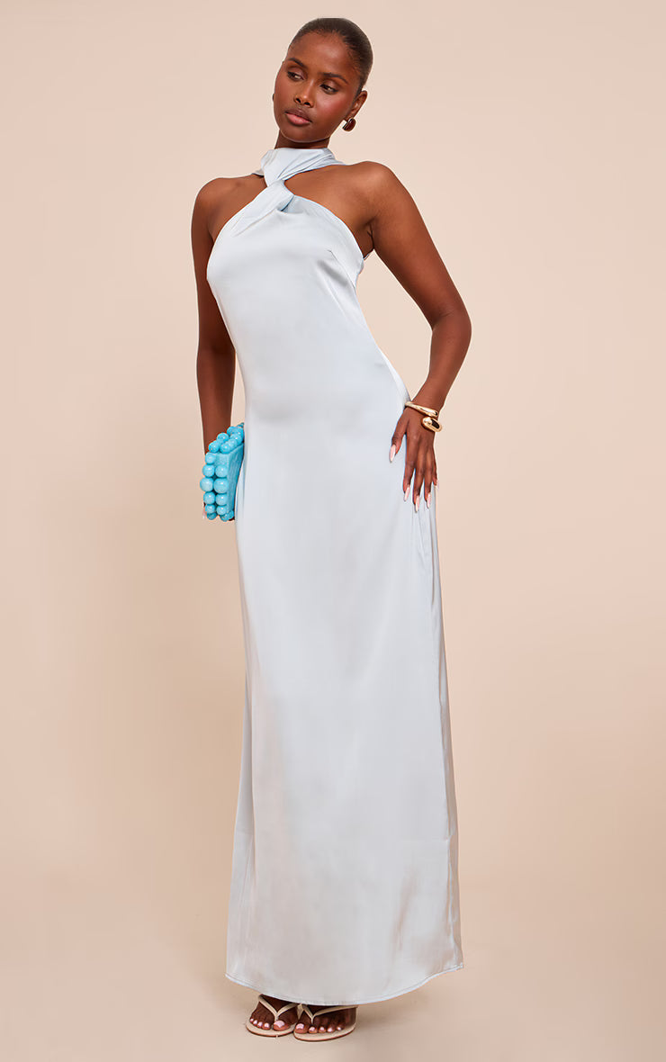Baby Blue Satin Twist Front Maxi Dress