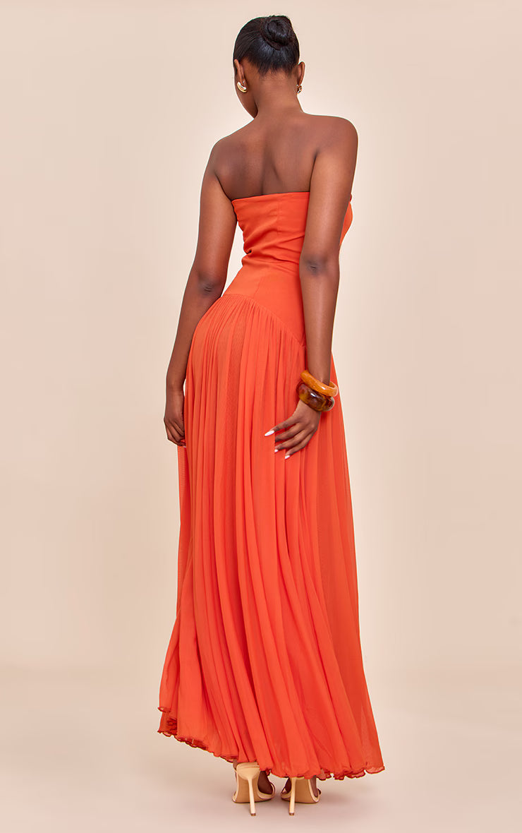 Orange Bandeau Chiffon Pleated Maxi Dress