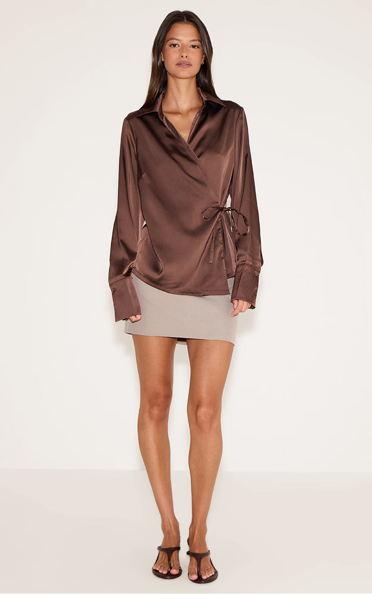 Chocolate Satin Tie Waist Detail Slouchy Shirt