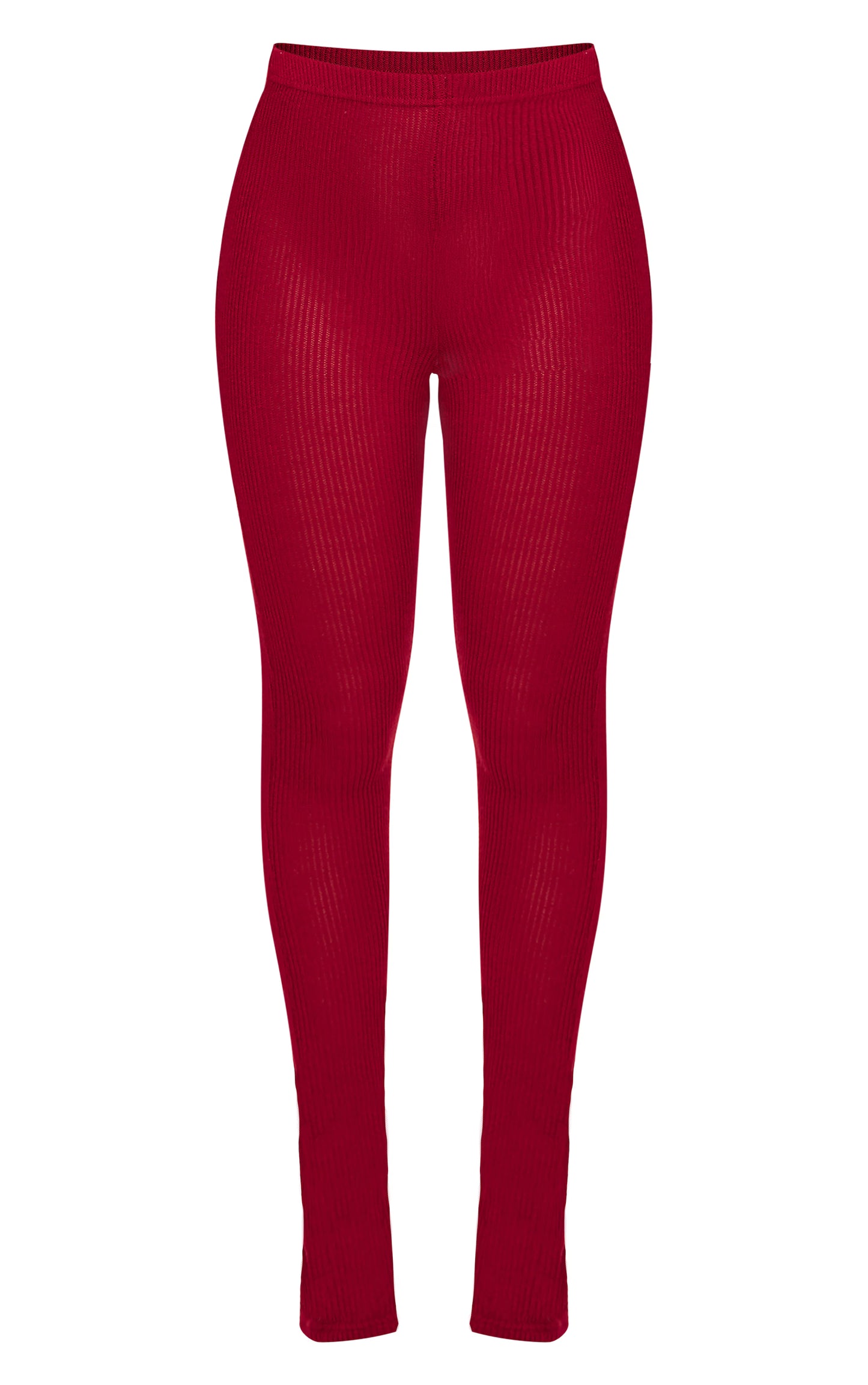 Cherry Red Sheer Soft Rib Split Hem Tie Detail Leggings