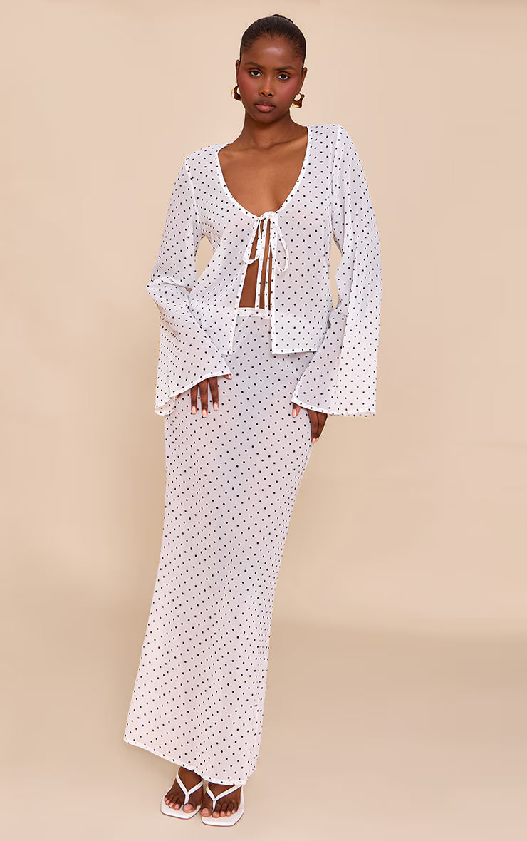 White Sheer Polka Dot Long Sleeve Button Up Top