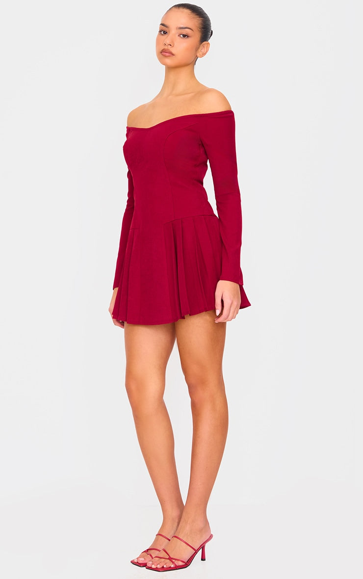 Burgundy Woven Bardot Ling Sleeve Shift Dress