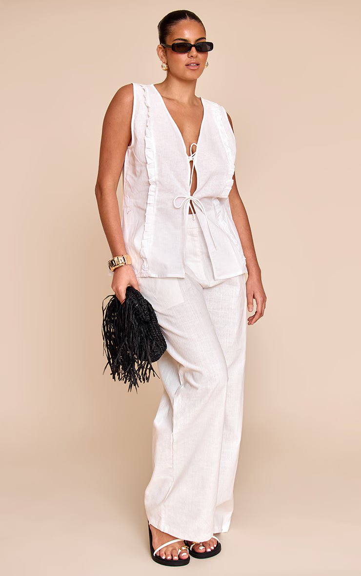 Plus White Sleeveless Tie Front Top