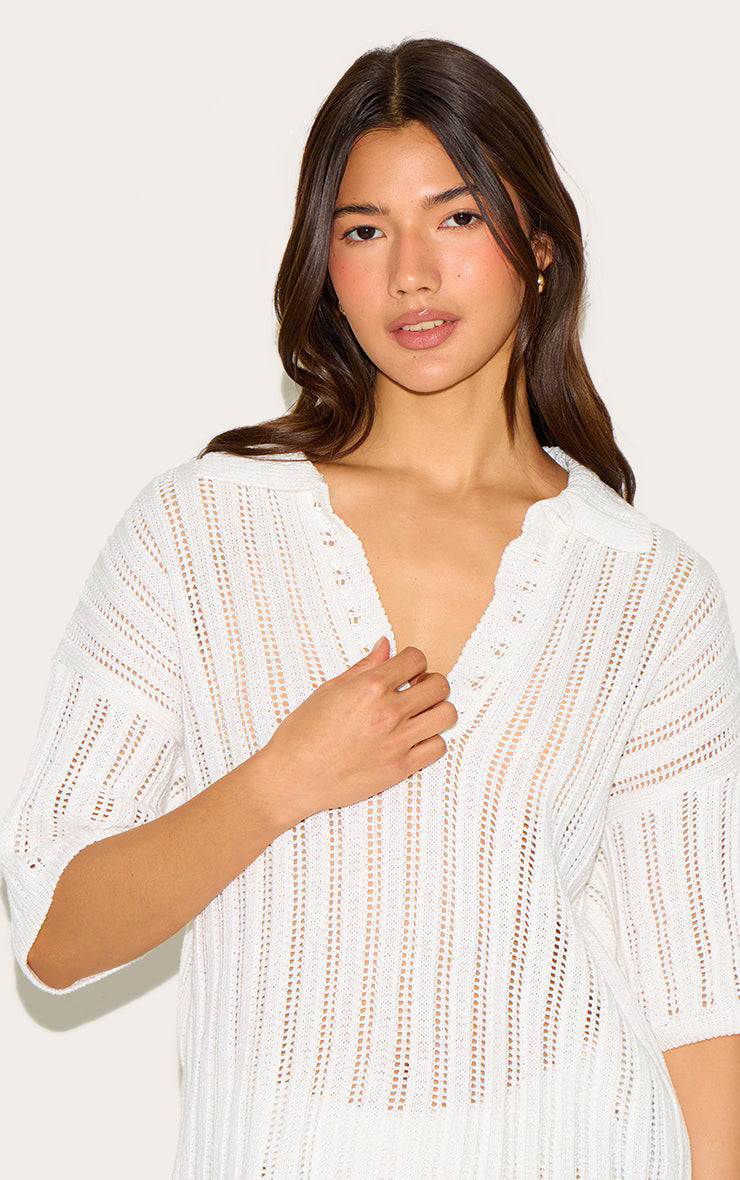 Cream Crochet Rugby Knit Top