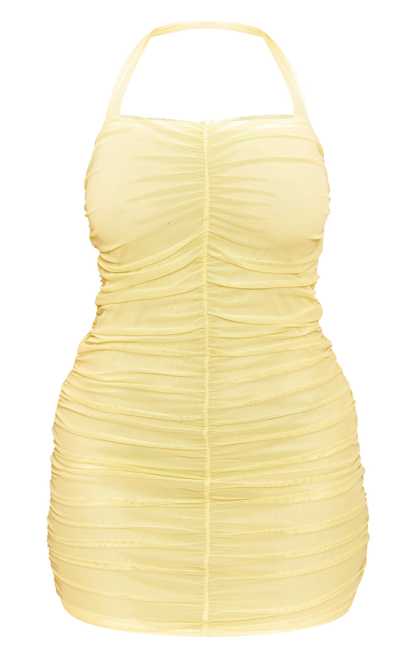 Shape Butter Yellow Mesh Ruched Halterneck Mini Dress