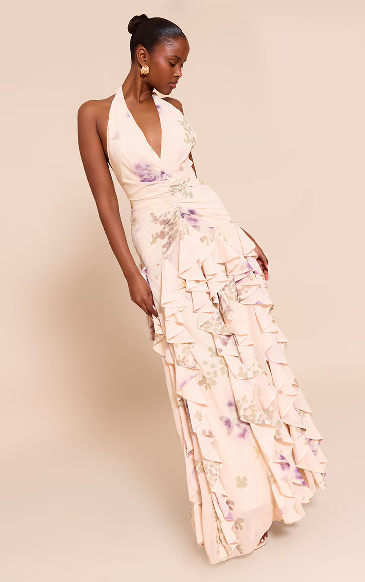 Stone Plunge Ruched Frill Detail Maxi Dress