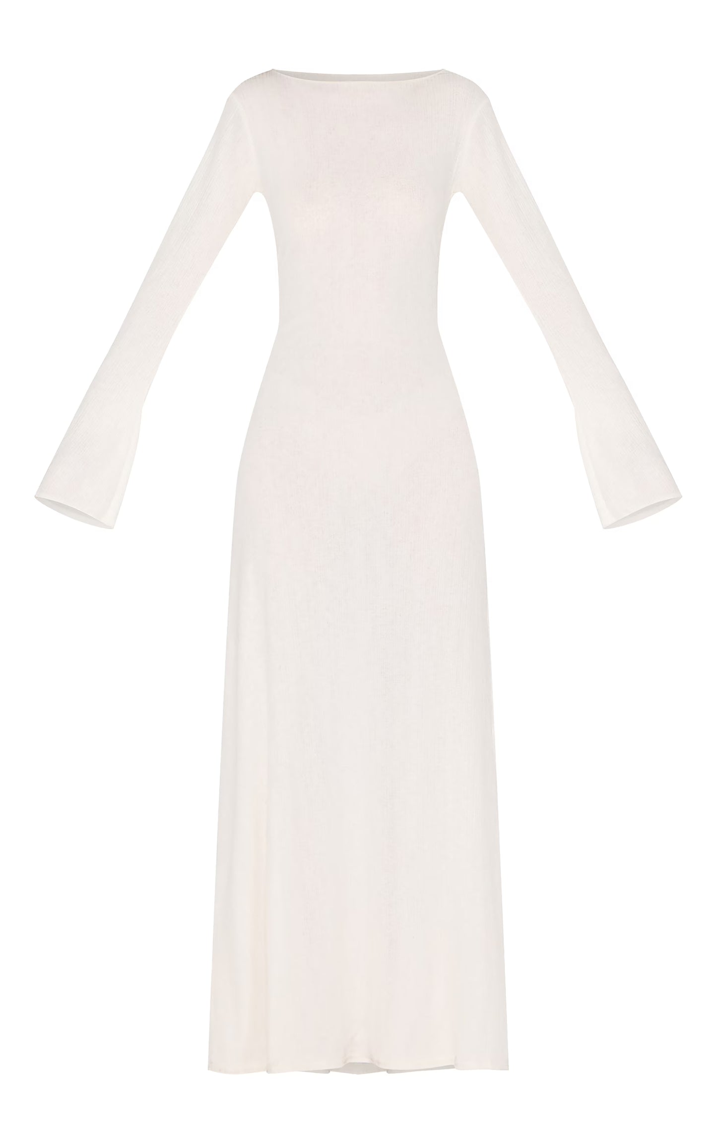 White Textured Boat Neck Long Sleeve Bodycon Maxi Dress