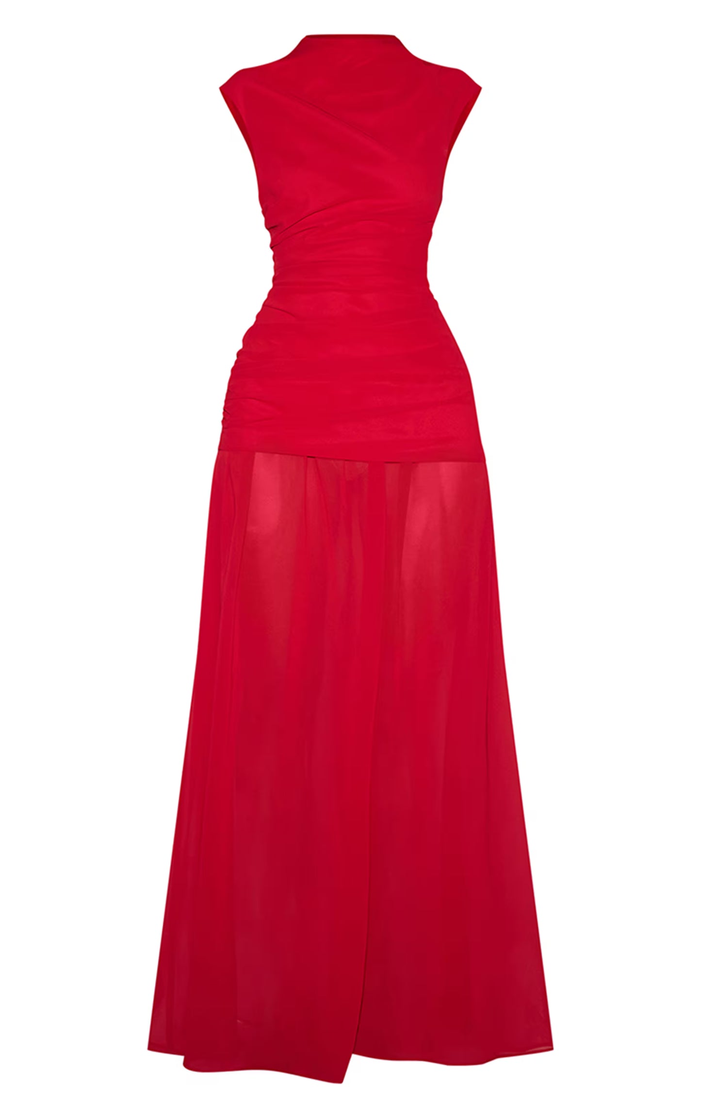 Red Chiffon Ruched Dropped Waist Sleeveless Maxi Dress
