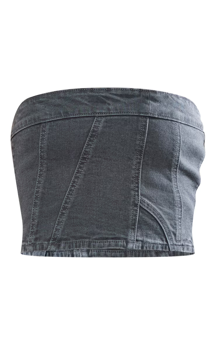 Washed Grey Bandeau Seam Detail Denim Corset Top