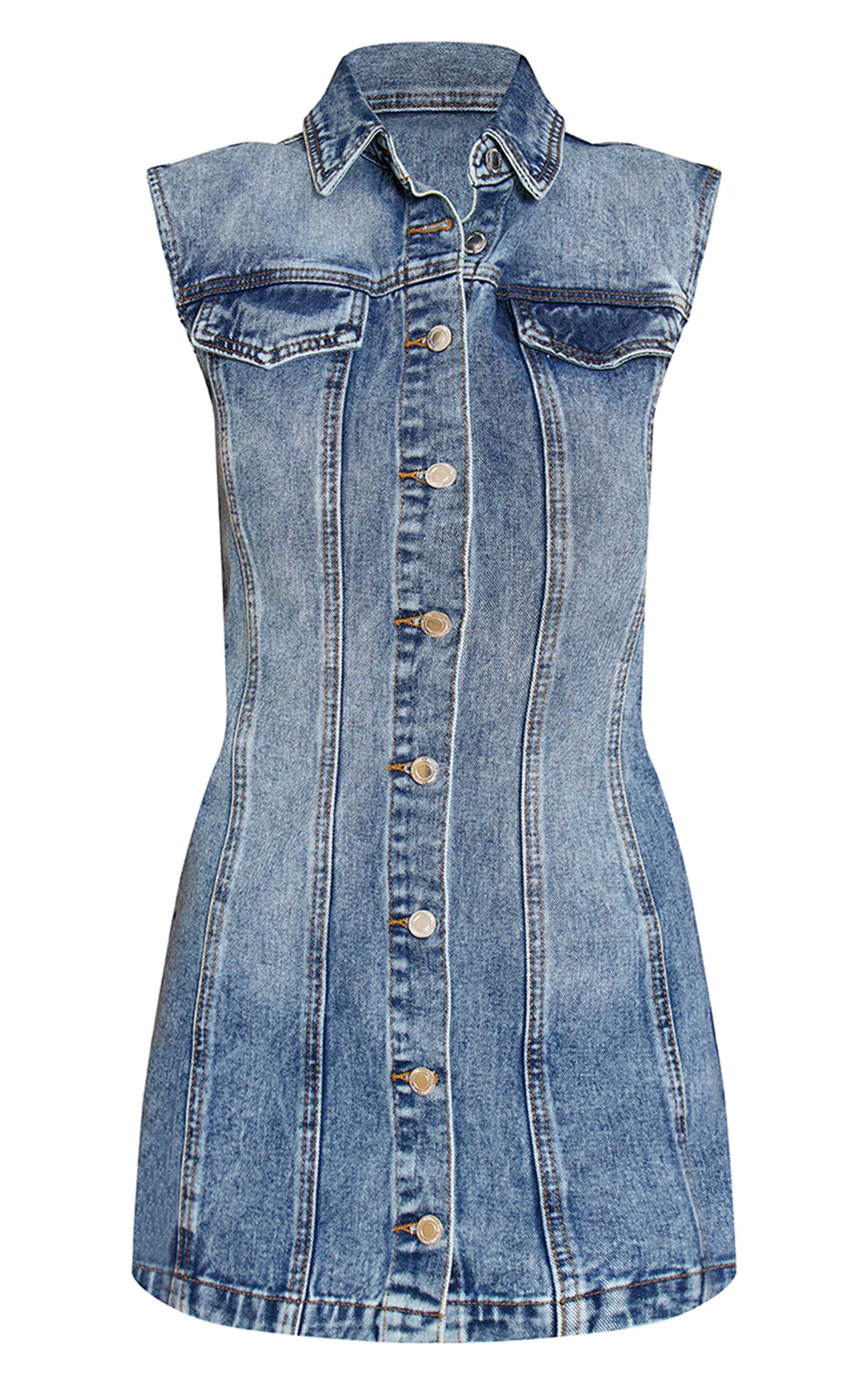 Mid Blue Wash Boxy Shoulder Denim Shirt Dress