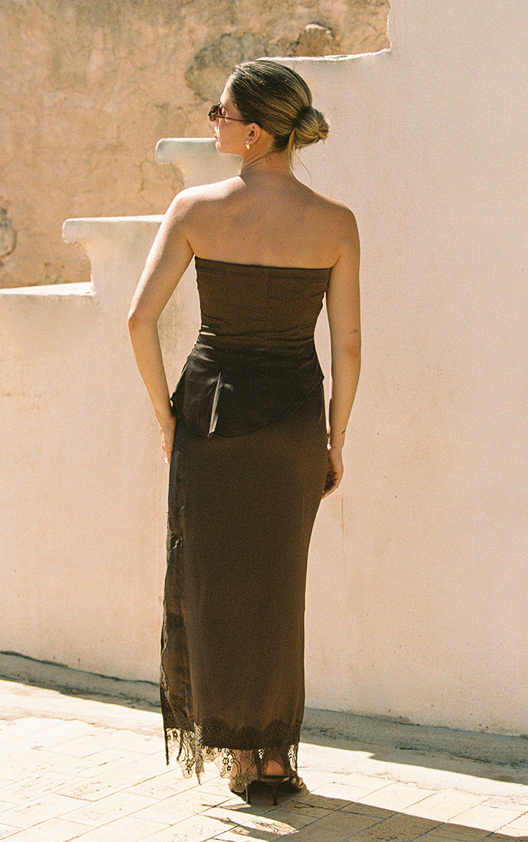 Brown Satin Lace Detail Midi Skirt