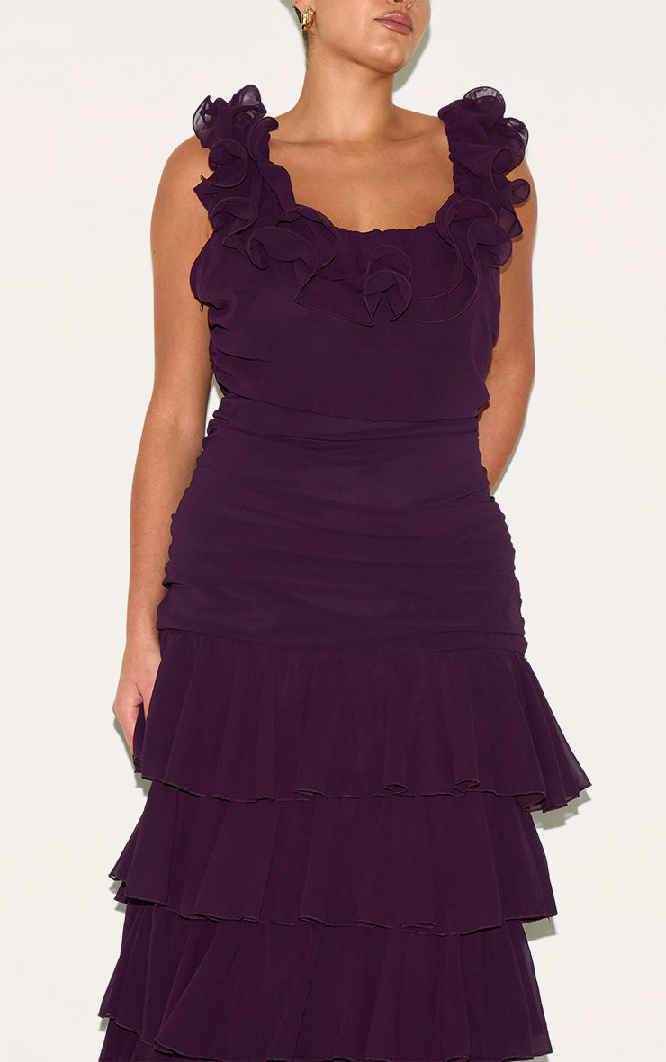 Plus Wine Chiffon Ruched Ruffle Maxi Dress
