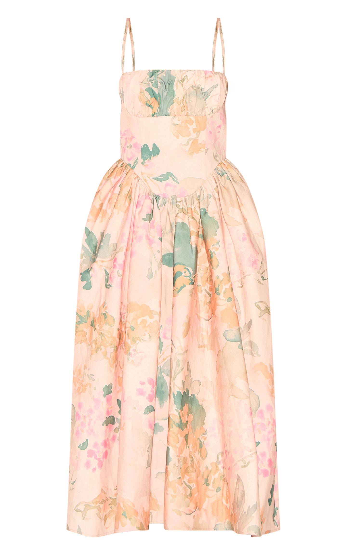 Pink Abstract Floral Ruched Bust Corset Strappy Midaxi Dress