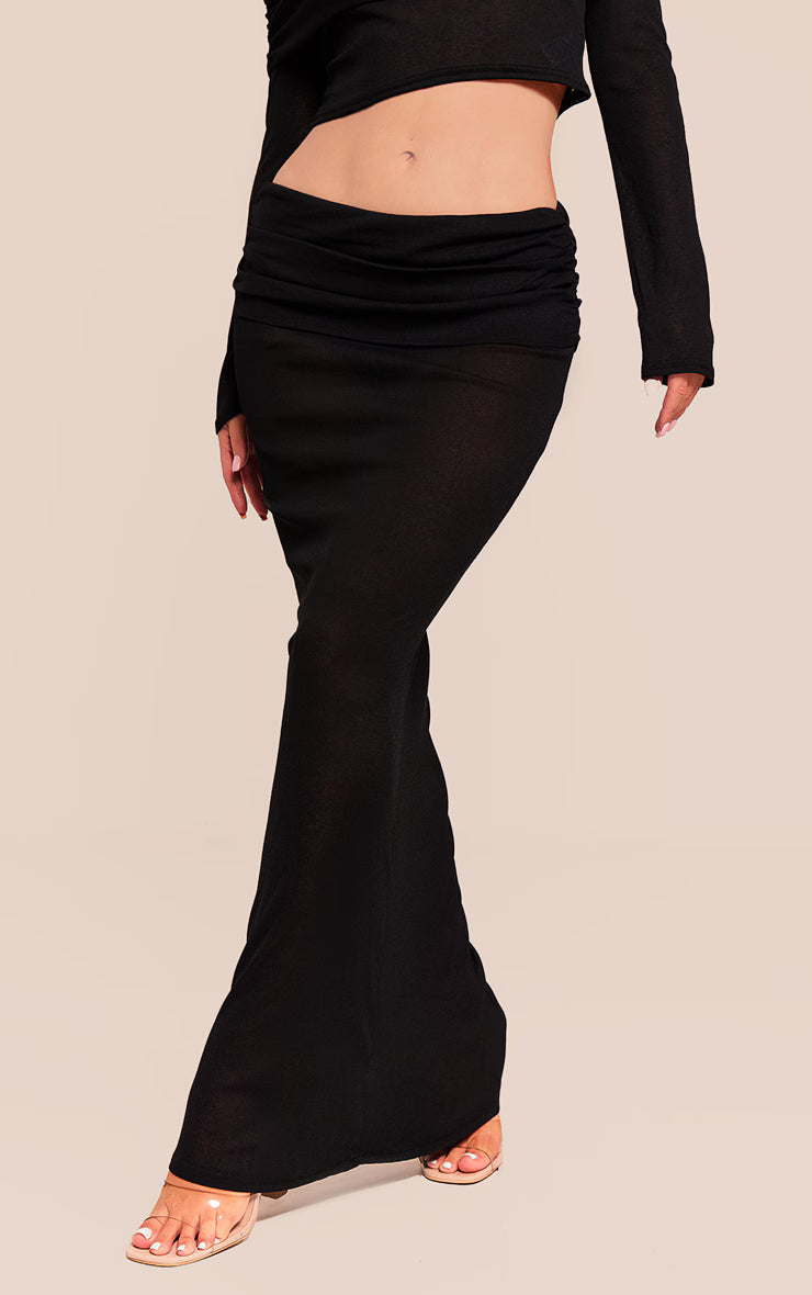 Black Sheer Burnout Mesh Fold Over Hem Low Rise Maxi Skirt