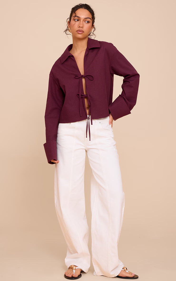 Plum Tie Front Linen Look Collar Blazer