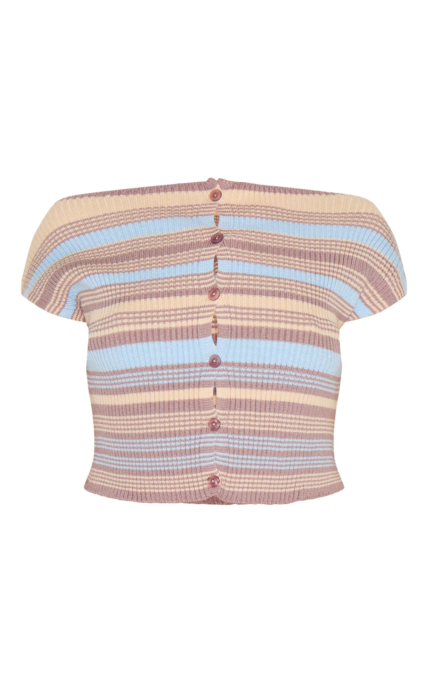 Shape Powder Blue Knitted Striped Button Front Boat Neck Top