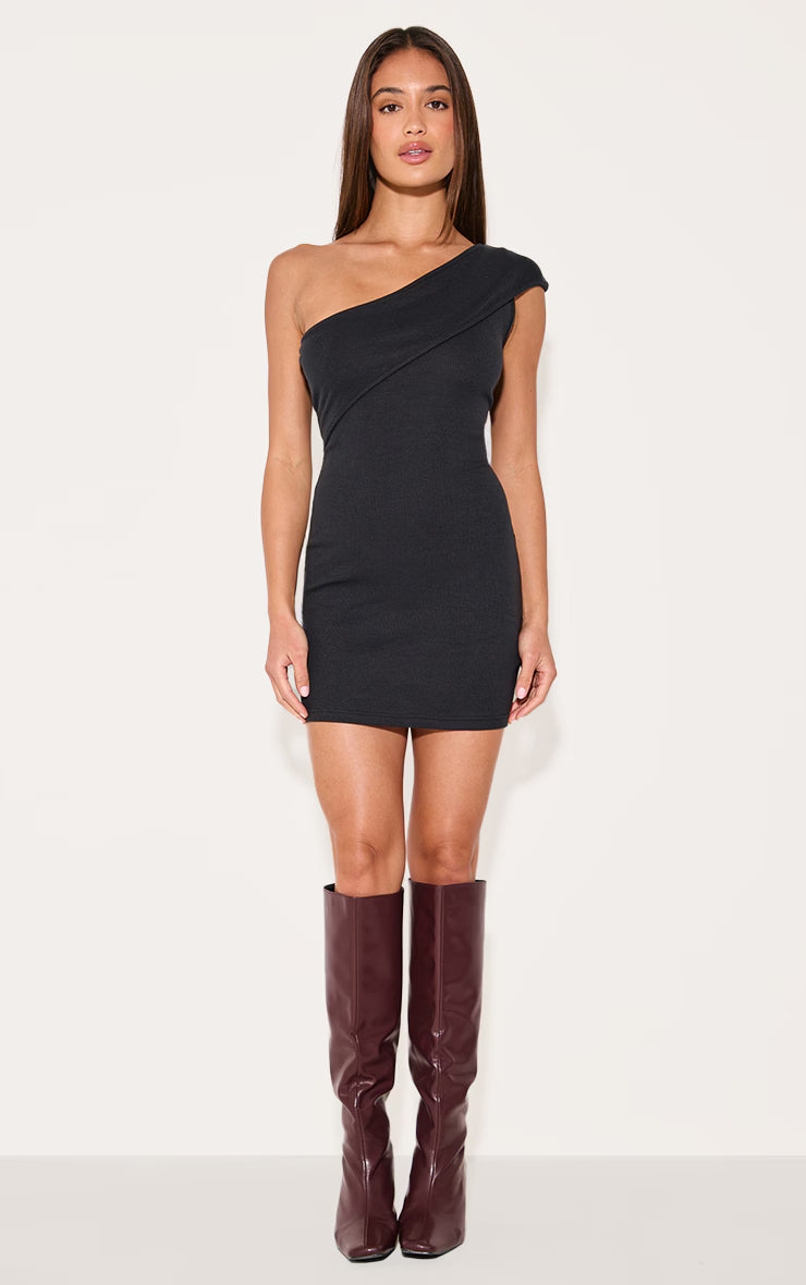 Black Rib Fold One Shoulder Mini Dress