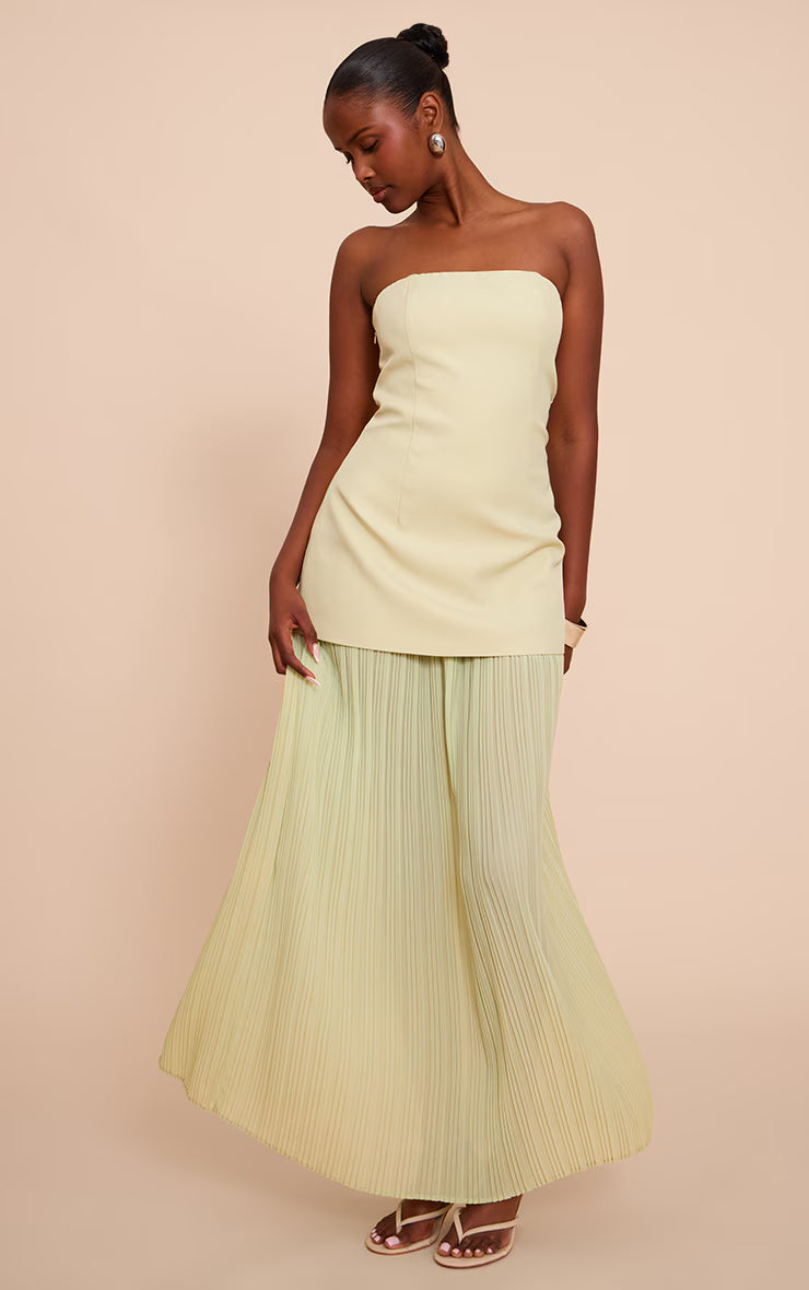 Sage Green Chiffon Pleated Skirt Panel Bandeau Maxi Dress