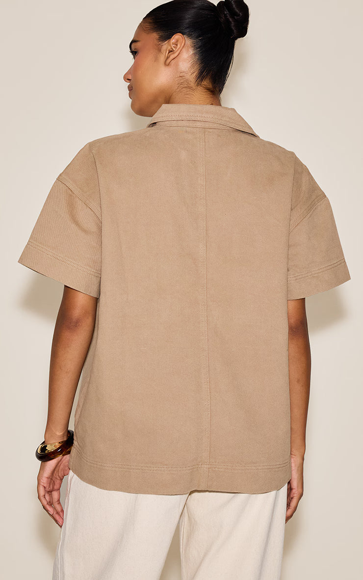 Stone Boxy Pocket Detail Short Sleeve Denim Rugby Shirt
