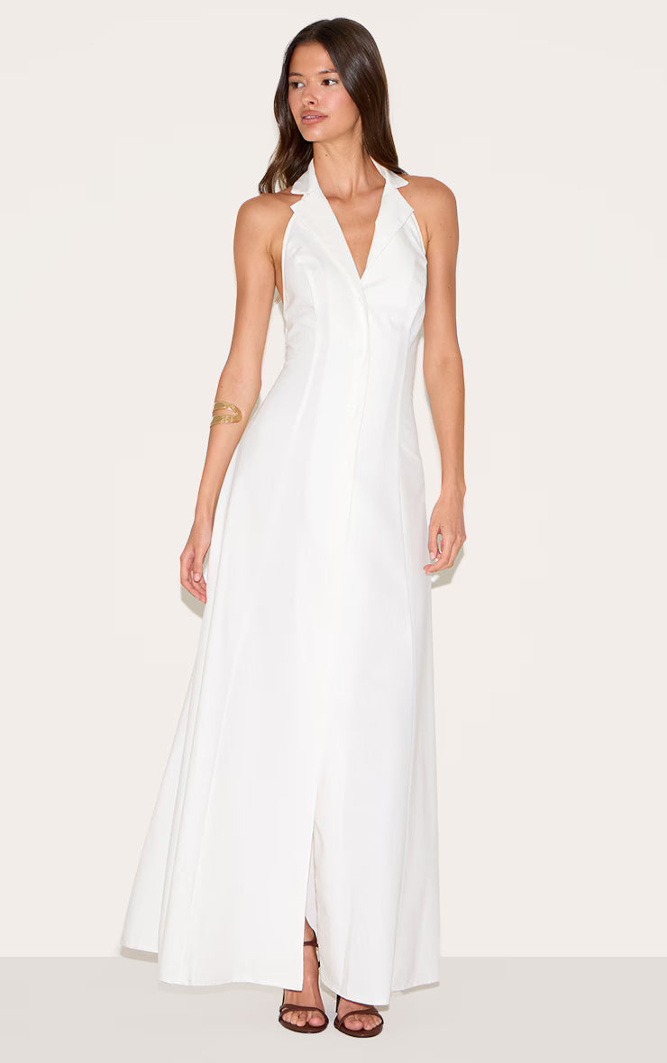 White Button Down Collar Detail Maxi Dress