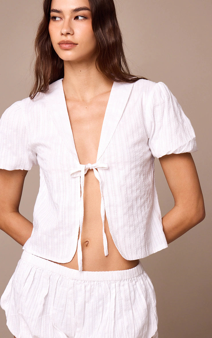 White Embroidered Cotton Tie Front Blouse
