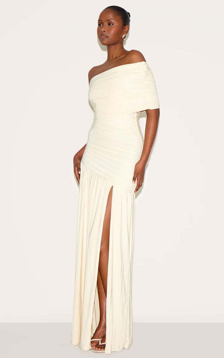 Cream Double Layer Slinky Bardot One Shoulder Ruched Maxi Dress