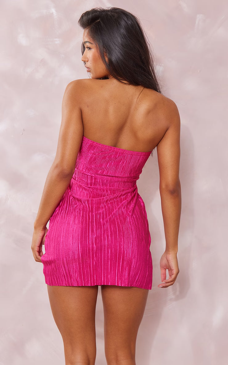 Hot Pink Plisse Knot Detail Bandeau Bodycon Dress