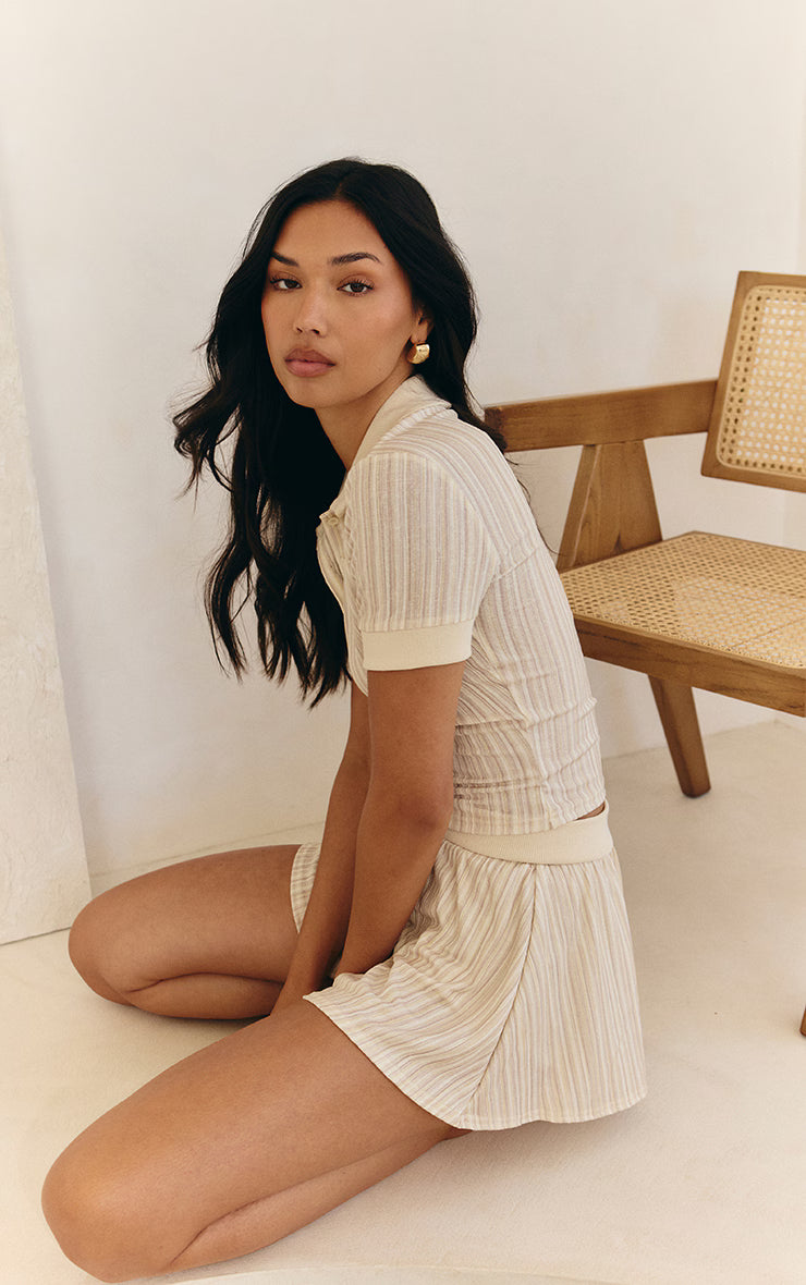 Cream Textured Button Detail Mini Skort