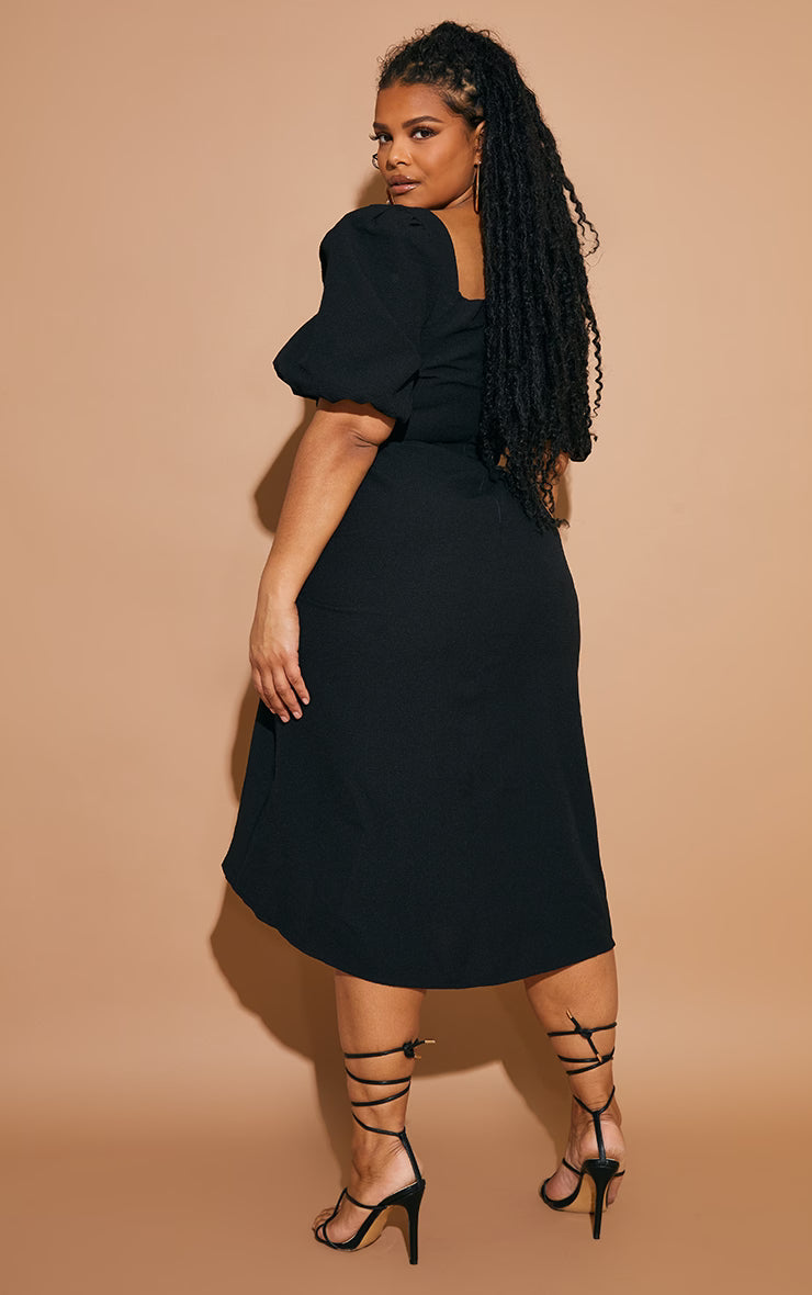 Plus Black Puff Sleeve Ruched Split Side Midi Dress