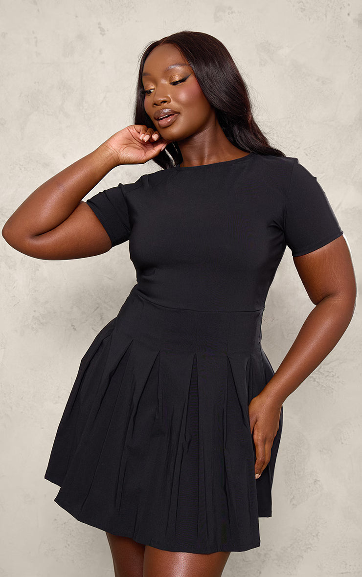 Plus Black Pleat Hem Detail Tailored Mini Dress
