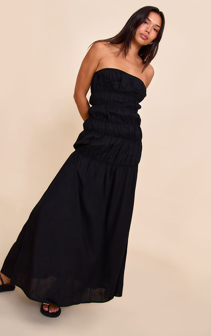 Black Bandeau Ruched Detail Maxi Dress