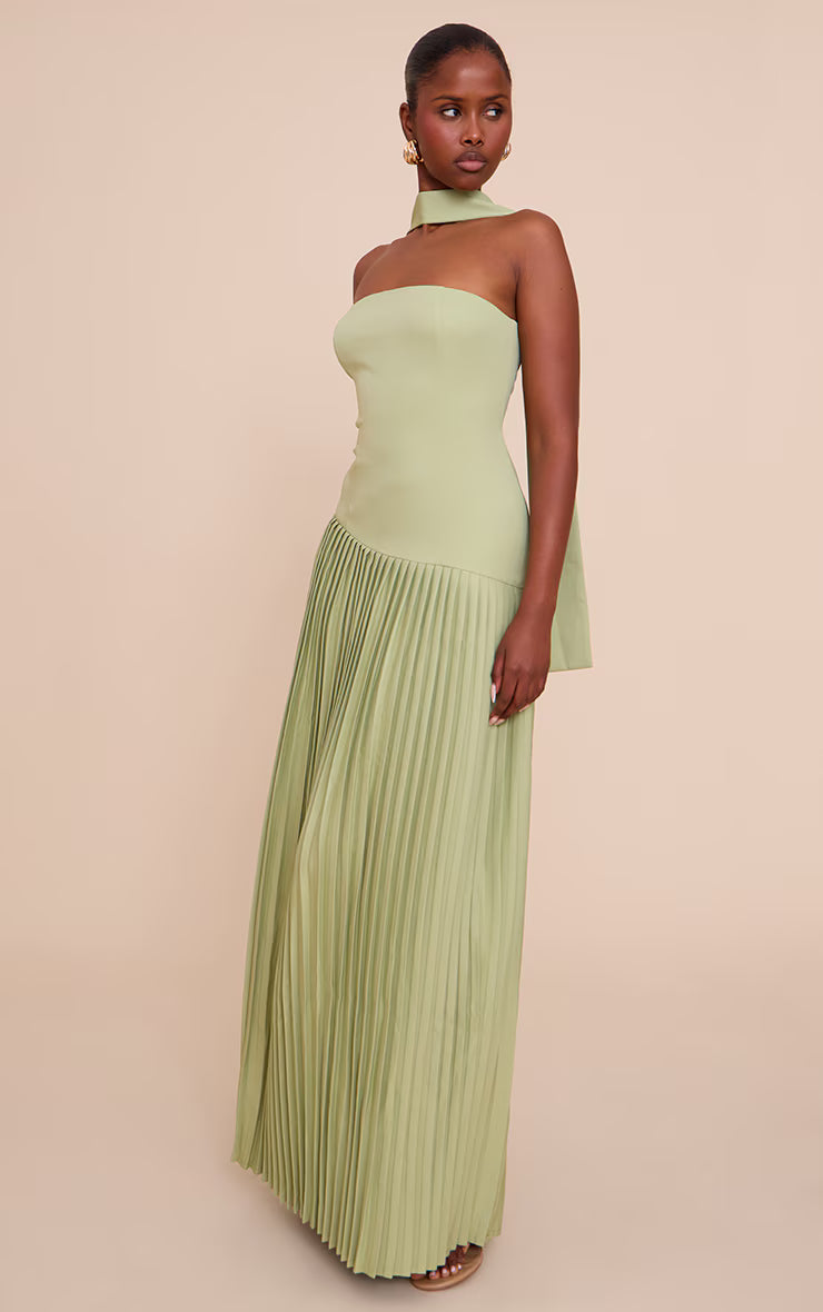 Sage Green Woven Asymmetric Pleated Maxi Dress