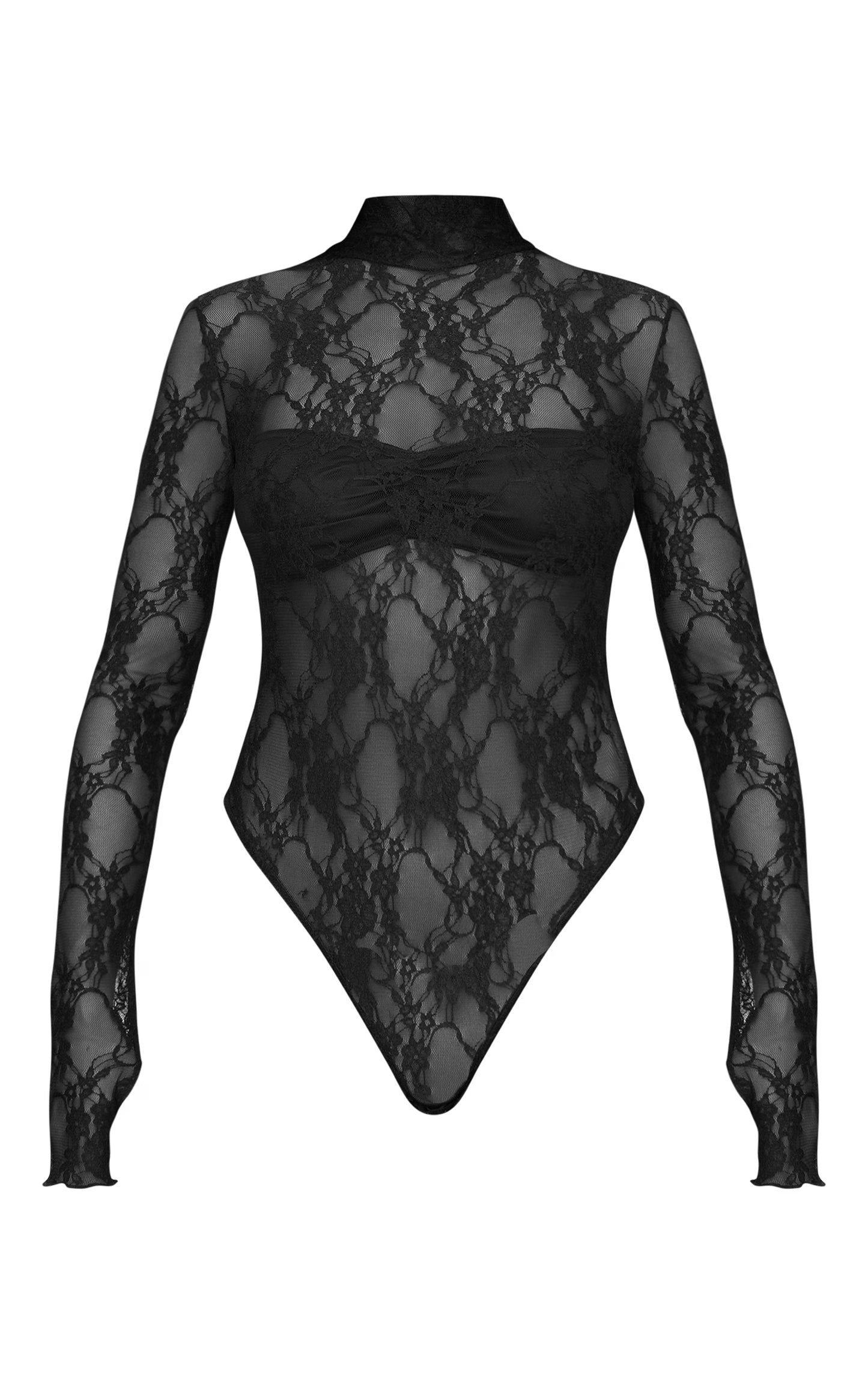 Black Lace High Neck Long Sleeve Bodysuit