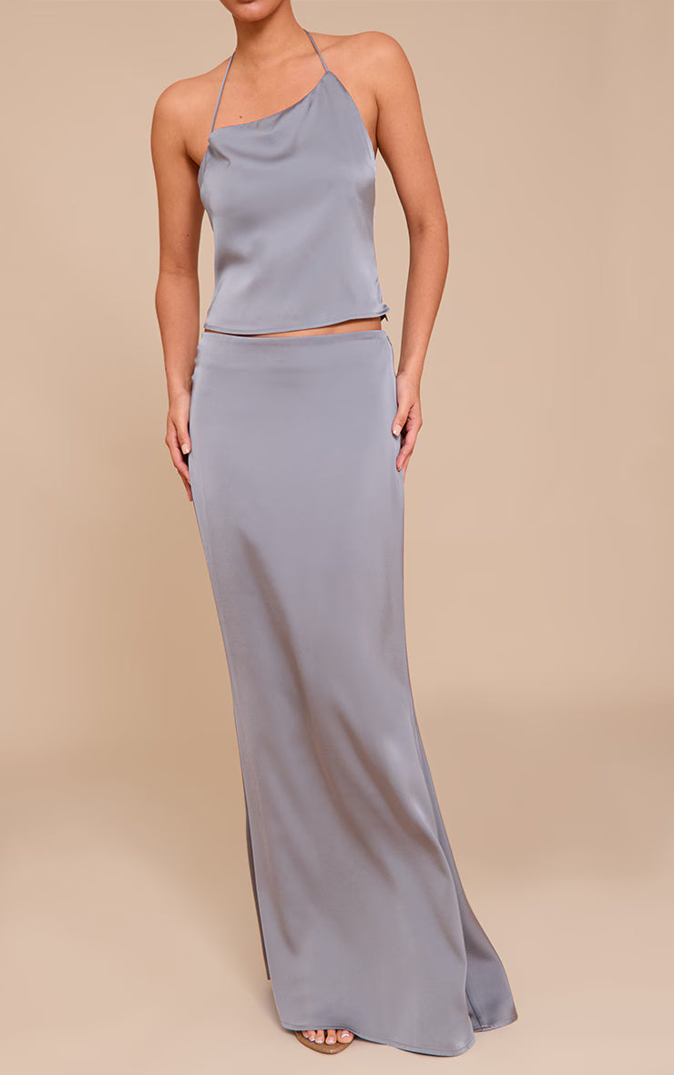 Grey Satin Mid Rise Maxi Skirt