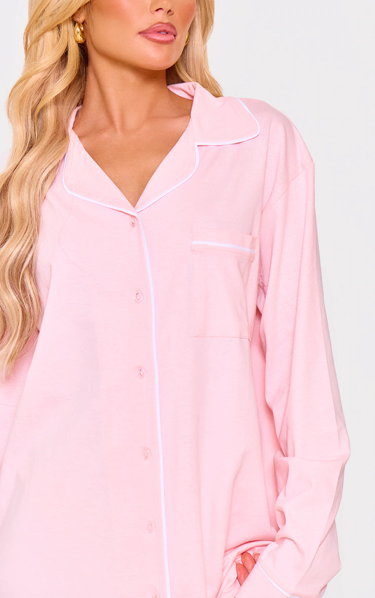 Baby Pink Jersey Piping Detail Long Sleeve Nightdress