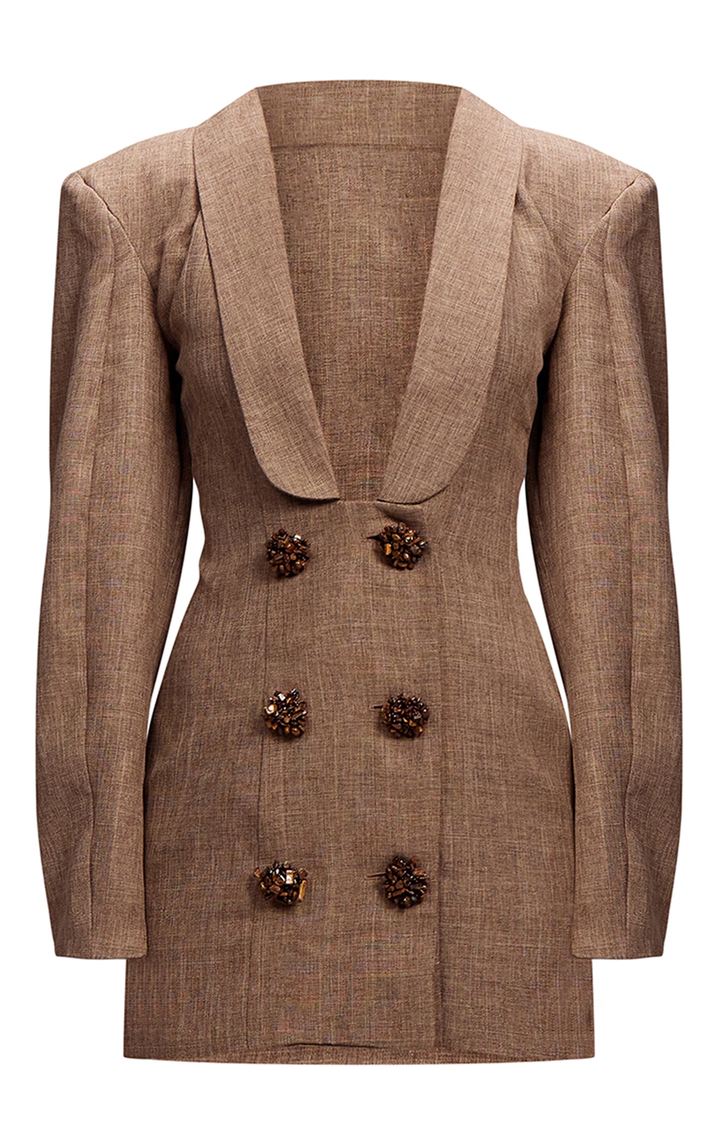 PLT Label Brown Textured Button Plunge Blazer Dress