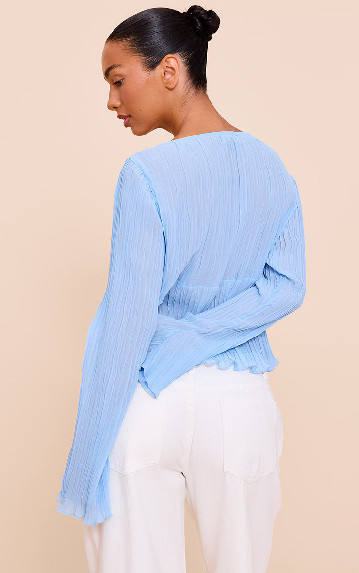 Sky Blue Sheer Plisse Tie Front Flute Sleeve Blouse