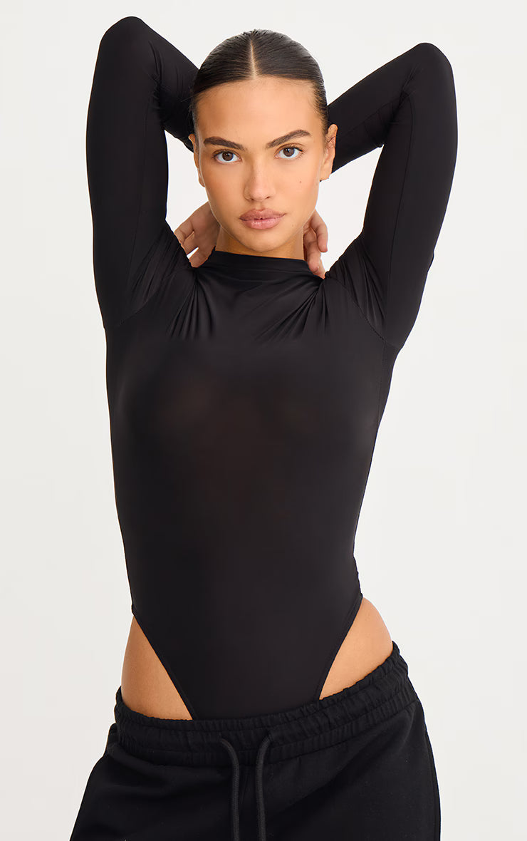 Black Slinky High Neck Long Sleeve Bodysuit