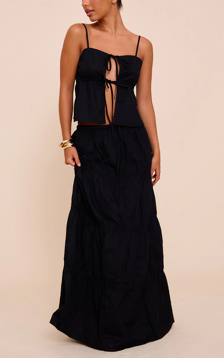 Black Cotton Poplin Drawstring Tired Floaty Maxi Skirt