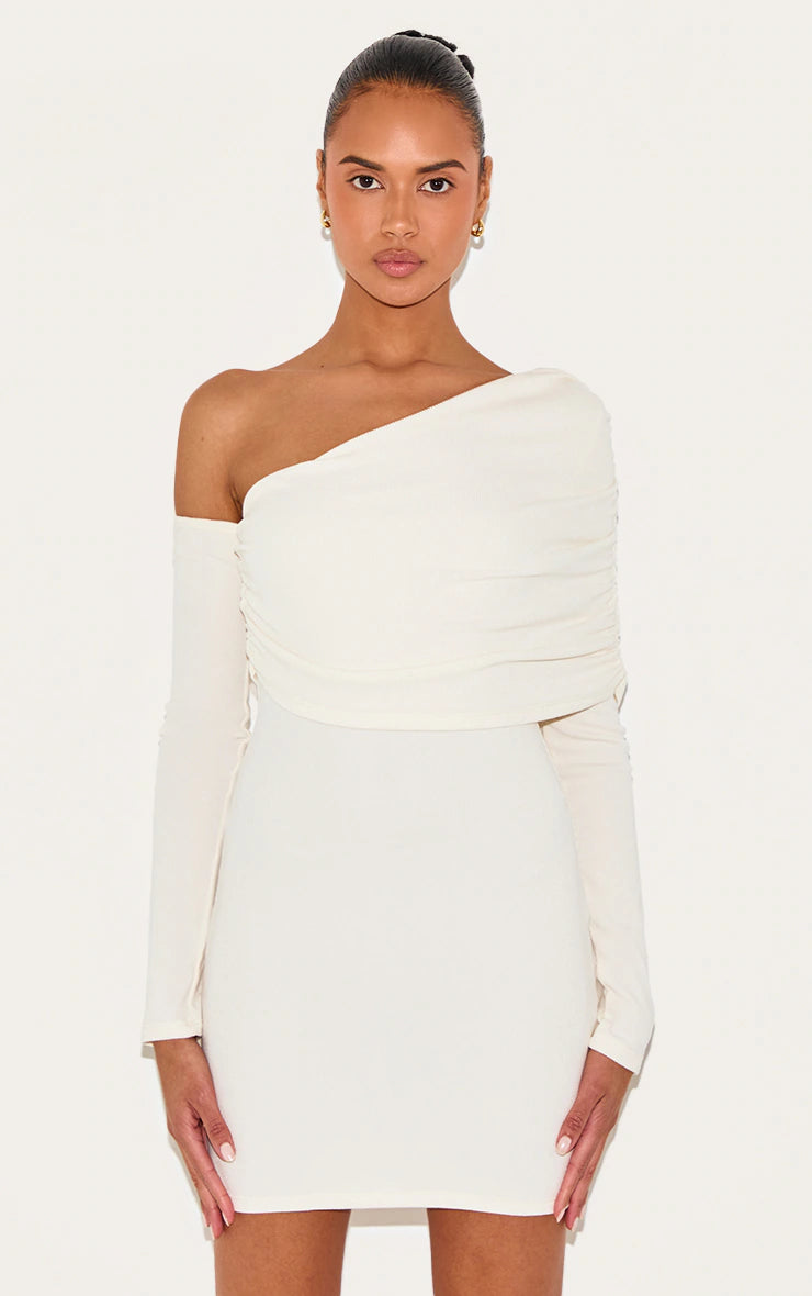 Cream Rib Bardot Long Sleeve Bodycon Dress