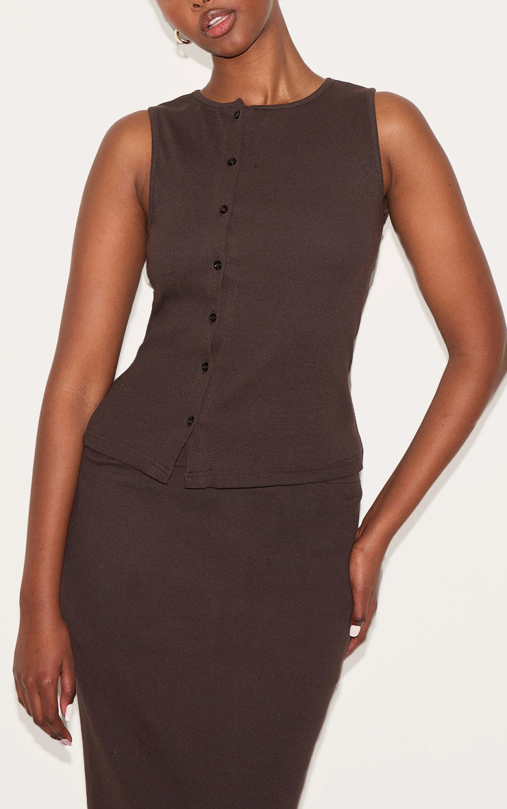 Chocolate Ribbed Asymmetric Button Detail Vest Top