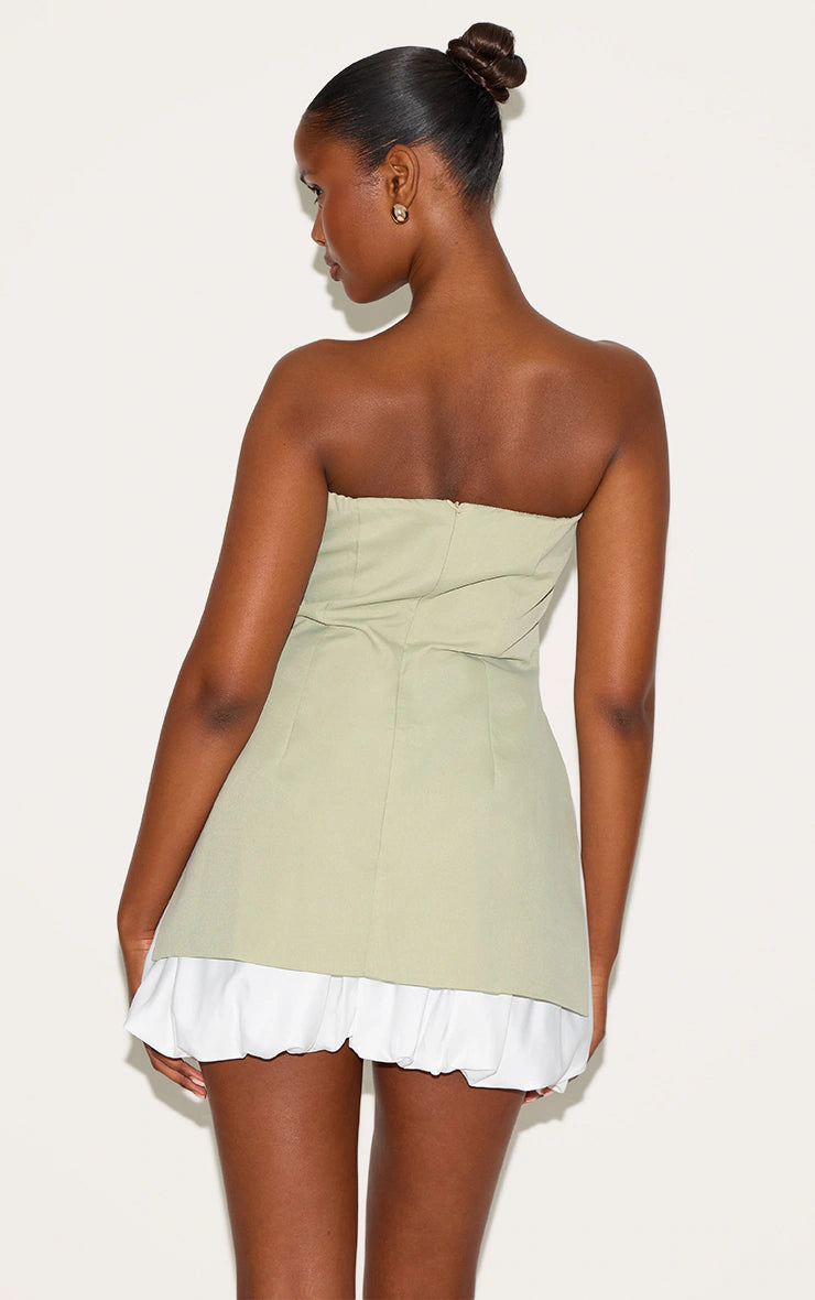 Sage Green Tailored Bandeau Puffball Hem Shift Dress