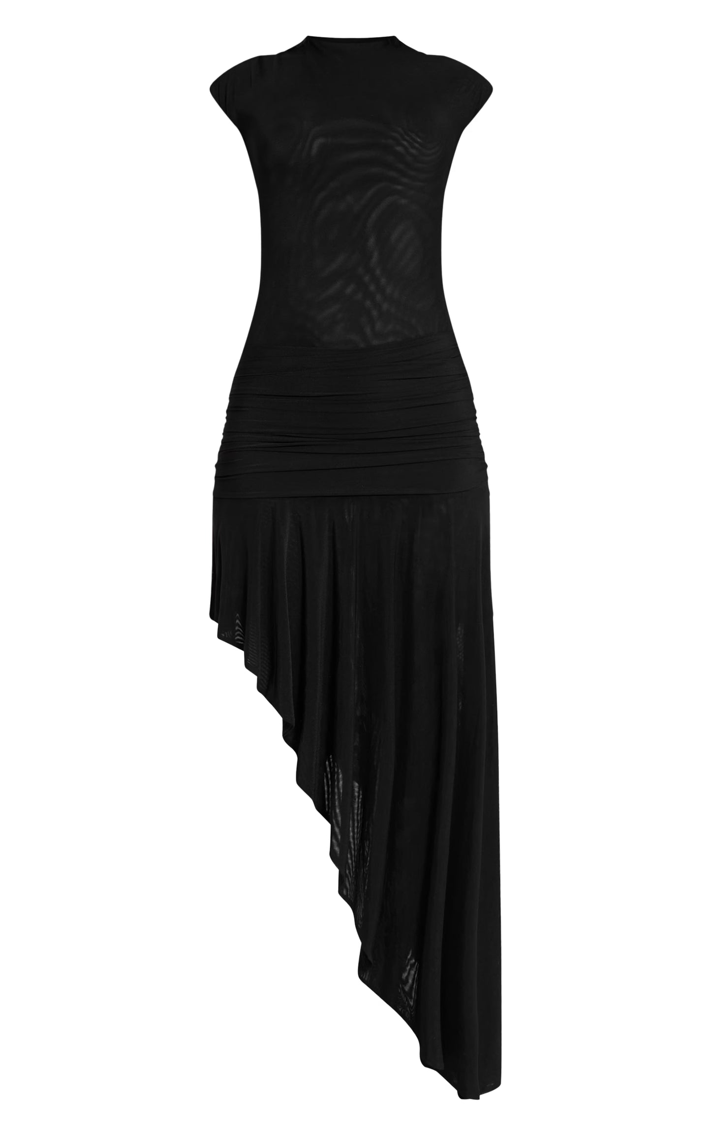 Black Double Mesh Ruched Waist Midi Dress