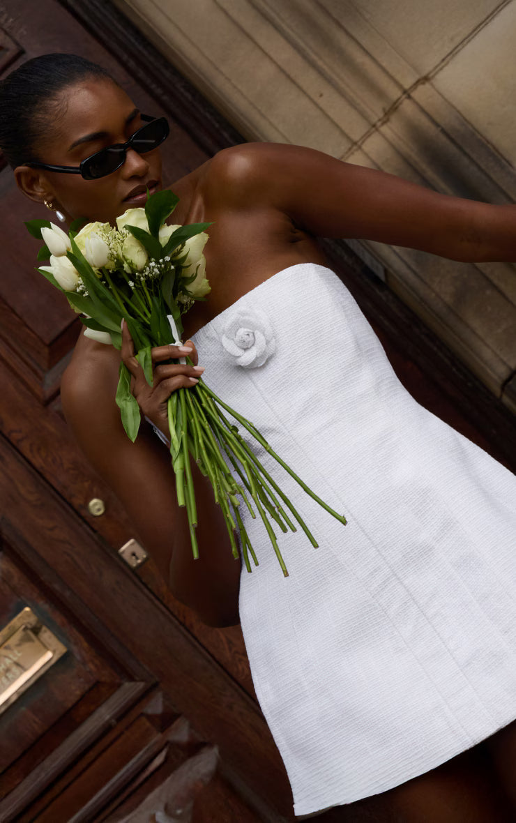 Premium White Boucle Camellia A-line Dress