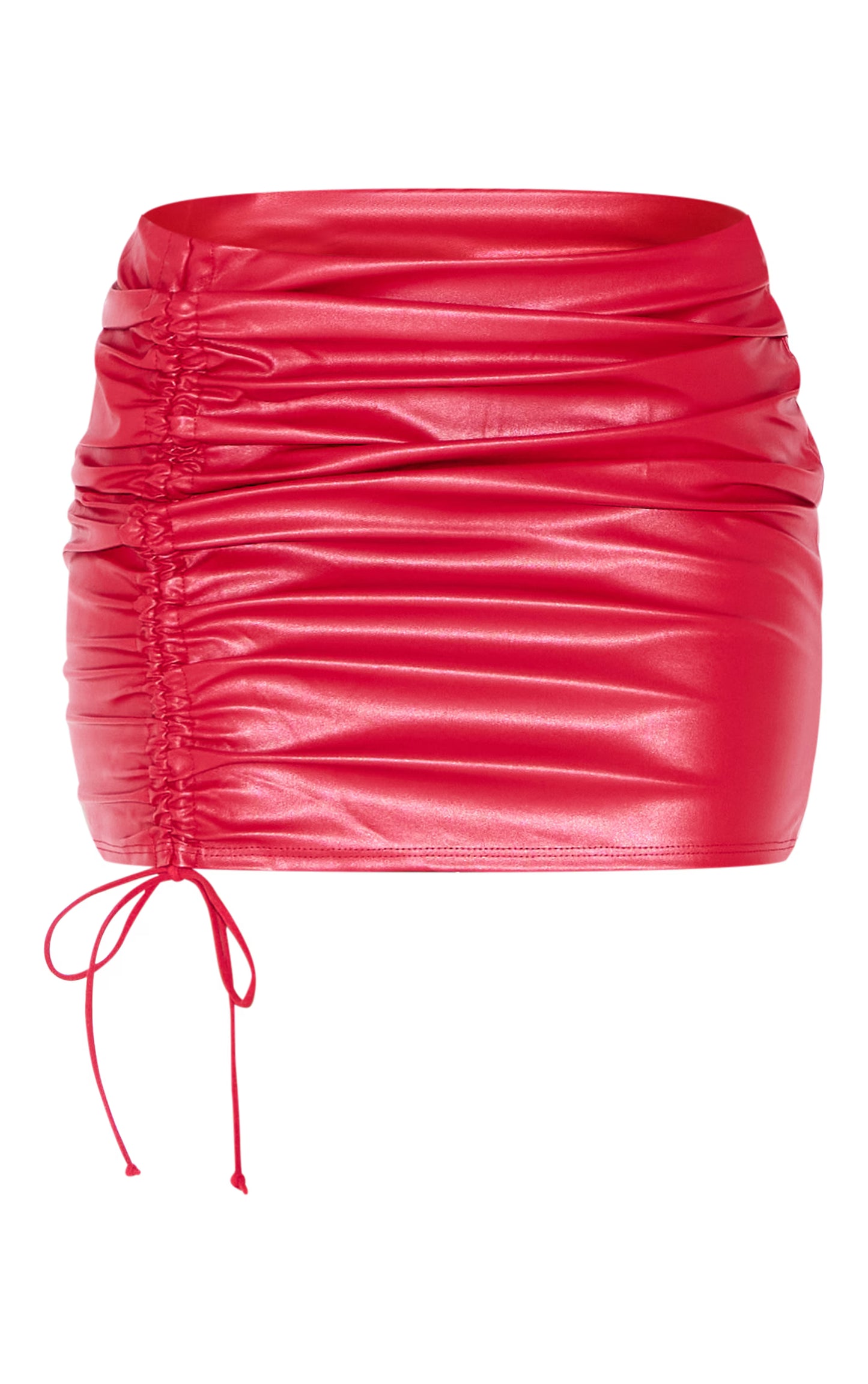 Red Faux Leather Ruched Micro Mini Skirt