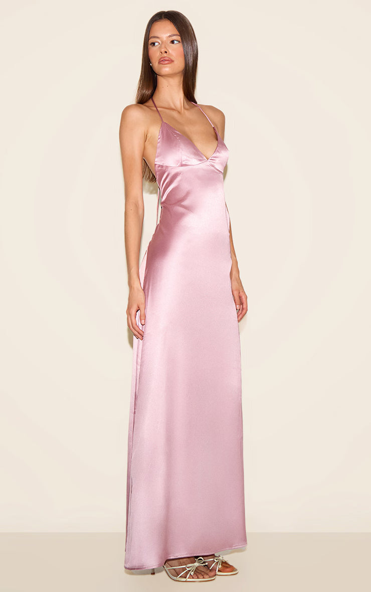 Pink Satin Low Back Maxi Slip Dress